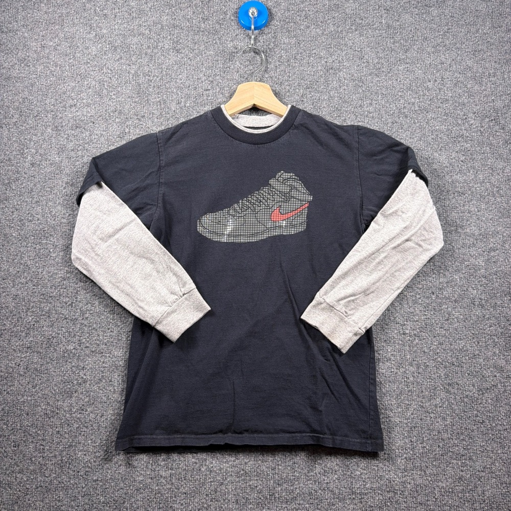 Y2K Nike Air Force One Shirt Boys M Black Grey Layered Long Sleeve Graphic Tee